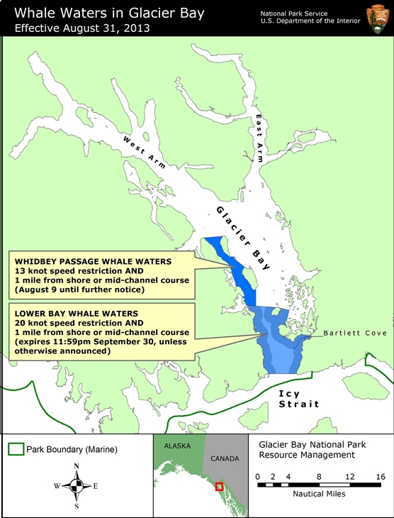 Map showing whale waters update for Glacier Bay effective August 31, 2013