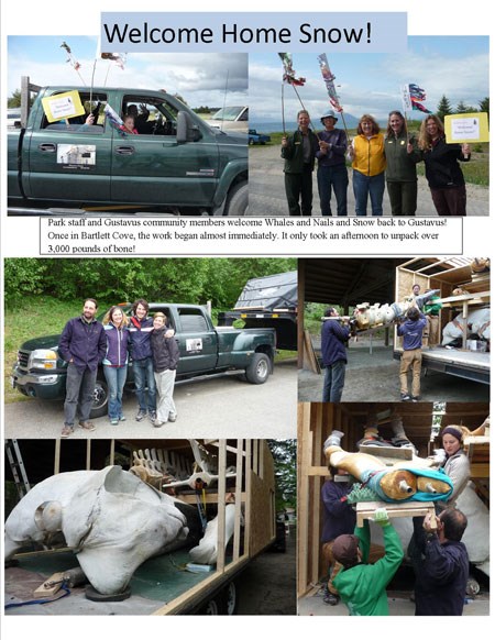 Photo collage showing whale bones in truck, people waving with signs welcoming "snow" back to Gustavus.