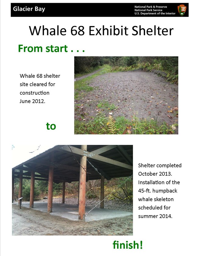 Whale 68 shelter construction shows on the top a blank rectangular of dirt, on bottom a wooden shelter and concrete pad.