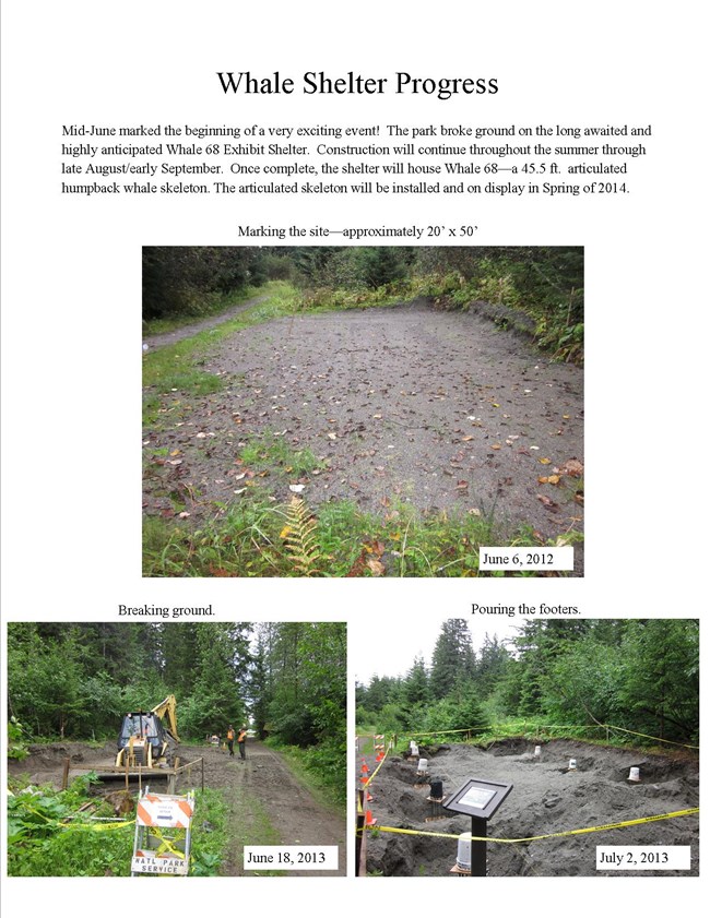 Photo collage shows whale shelter construction project. A rectangular of disturbed dirt with a backhoe working. another photo shows concrete footers