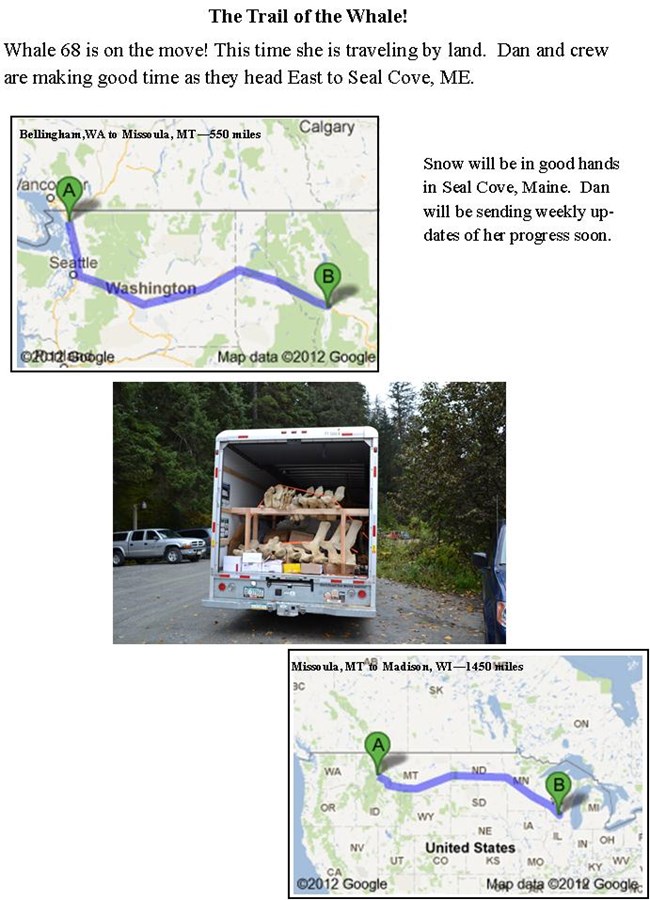 Graphics showing Whale 68's progress on land. Maps show a line drawn from Bellingham WA, to Missoula, MT, and then to Madison, WI.