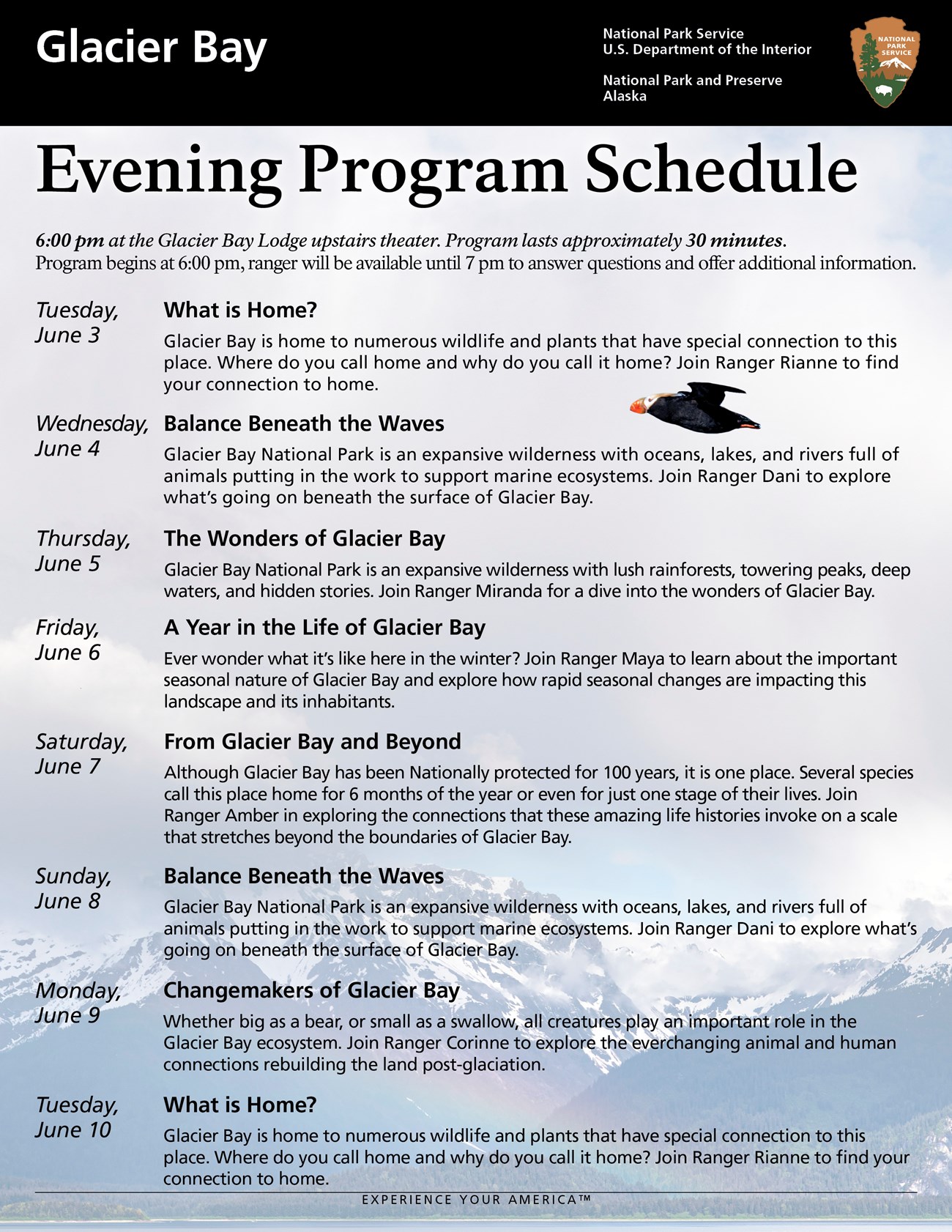 Evening program topics for the nightly program in Bartlett Cove. Find the details on this page in text form.