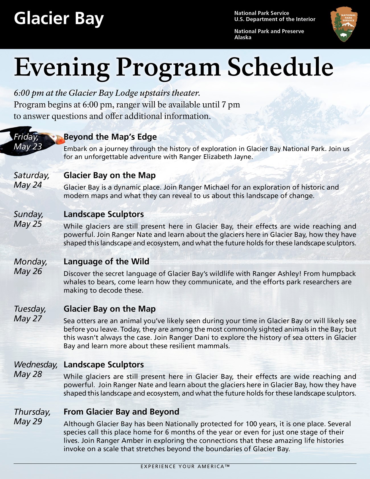 Evening program titles for week 1 May 24-29. Find the details on this page in text form.