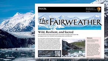 Small Thumbnail image showing the front cover of the Fairweather Visitors Guide. It has pretty photos of Glacier Bay and the year noted on it.