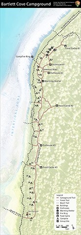A thumbnail image of a map of the Glacier Bay Bartlett Cove campground with individual campgrounds, food caches, a warming shelter, fire pit, and more marked. Contact the visitor information station for precise details or download the PDF. 907-697-2627