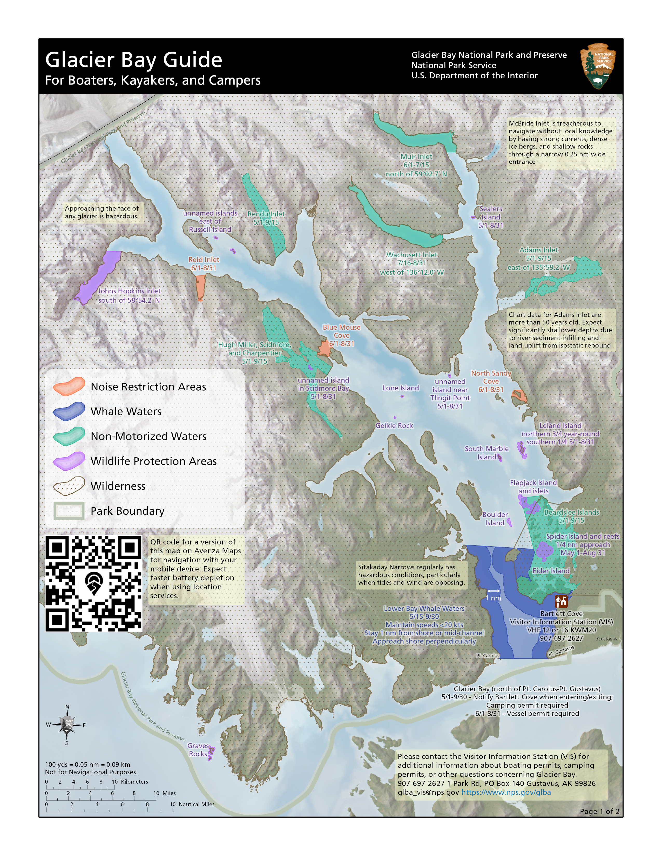 Glacier Bay Guide to park waters shows a map of Glacier Bay with many specific regulations based on location and more. Call the park at 907-697-2230 for park regulations.