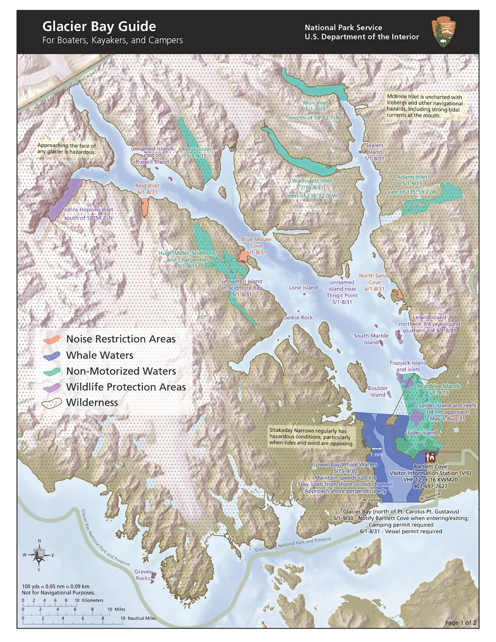 Glacier Bay Guide Letter Glacier Bay Guide to park waters shows a map of Glacier Bay with many specific regulations based on location and more. Call the park at 907-697-2230 for park regulations.