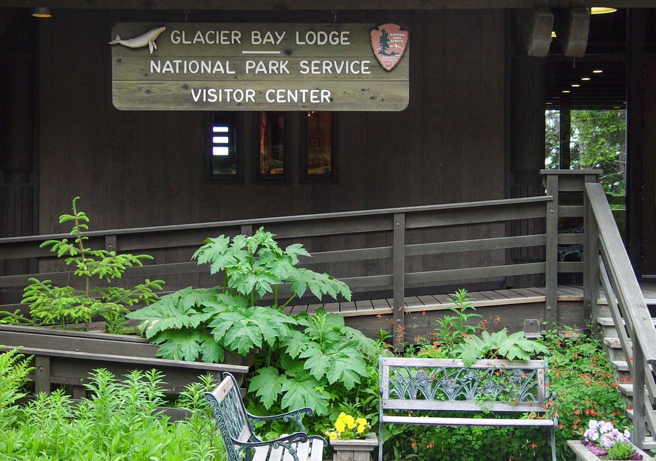 Glacier bay lodge NPS visitor center sign and lodge front with plant and flower decorations