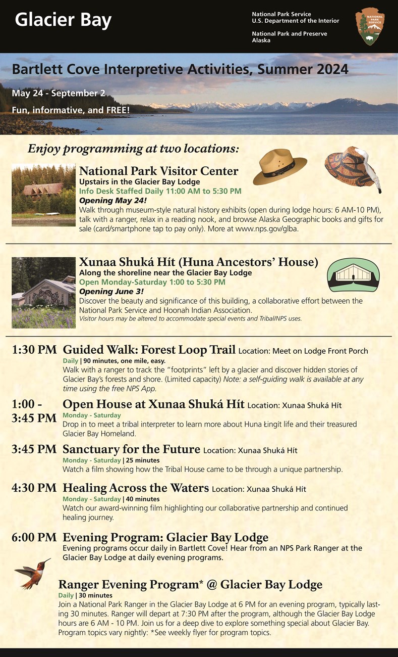 The 2024 Bartlett Cove Ranger Program Schedule. Click the image for an accessible PDF or refer to the NPS.gov event calendar.