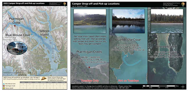 A thumbnail image showing the two pages of the 2025 day tour boat camper drop-off and pick-up locations. Contact the Visitor Information Station for precise details of this map 907-697-2627
