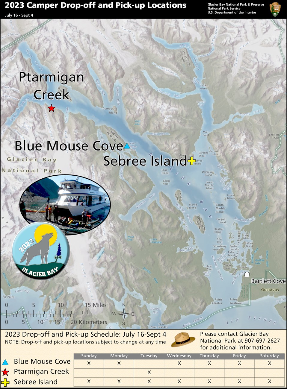Glacier Bay July 2023 Camper Drop Off locations. Contact the Visitor Information Station for precise details of this map 907-697-2627