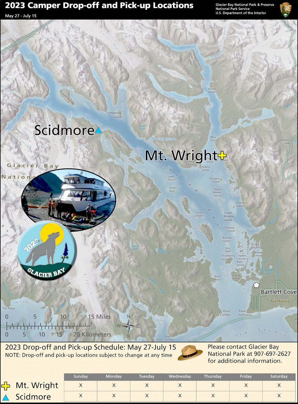 Glacier Bay May 2023 Camper Drop Off locations. Contact the Visitor Information Station for precise details of this map 907-697-2627