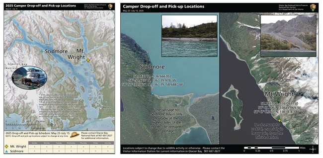 Camper drop off locations in Glacier Bay May 23 through July 15. Contact the Visitor Information Station for details of this map 907-697-2627