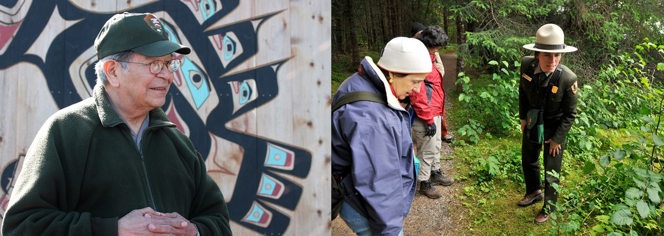 A two-photo collage showing two park rangers delivering programs to onlookers