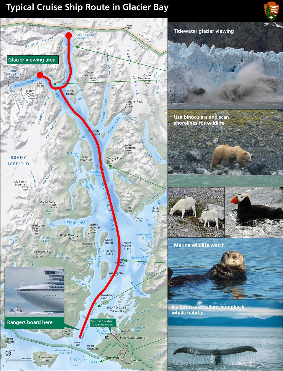 Graphical map showing photos and typical Cruise Ship Route in Glacier Bay