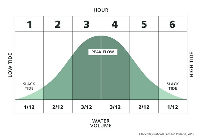 a diagram shows the Rule of Twelfths. The activity between high tide and low tide is broken down into hours one through six. The heaviest water flow occurs in hour 3 and 4.