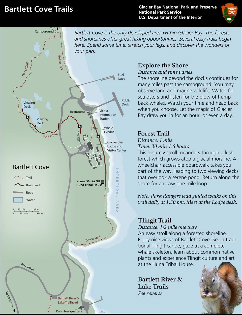 Map of Bartlett Cove trails. This map depicts the general routes of the Forest Trail, Tlingit Trail, and Shoreline trail.
