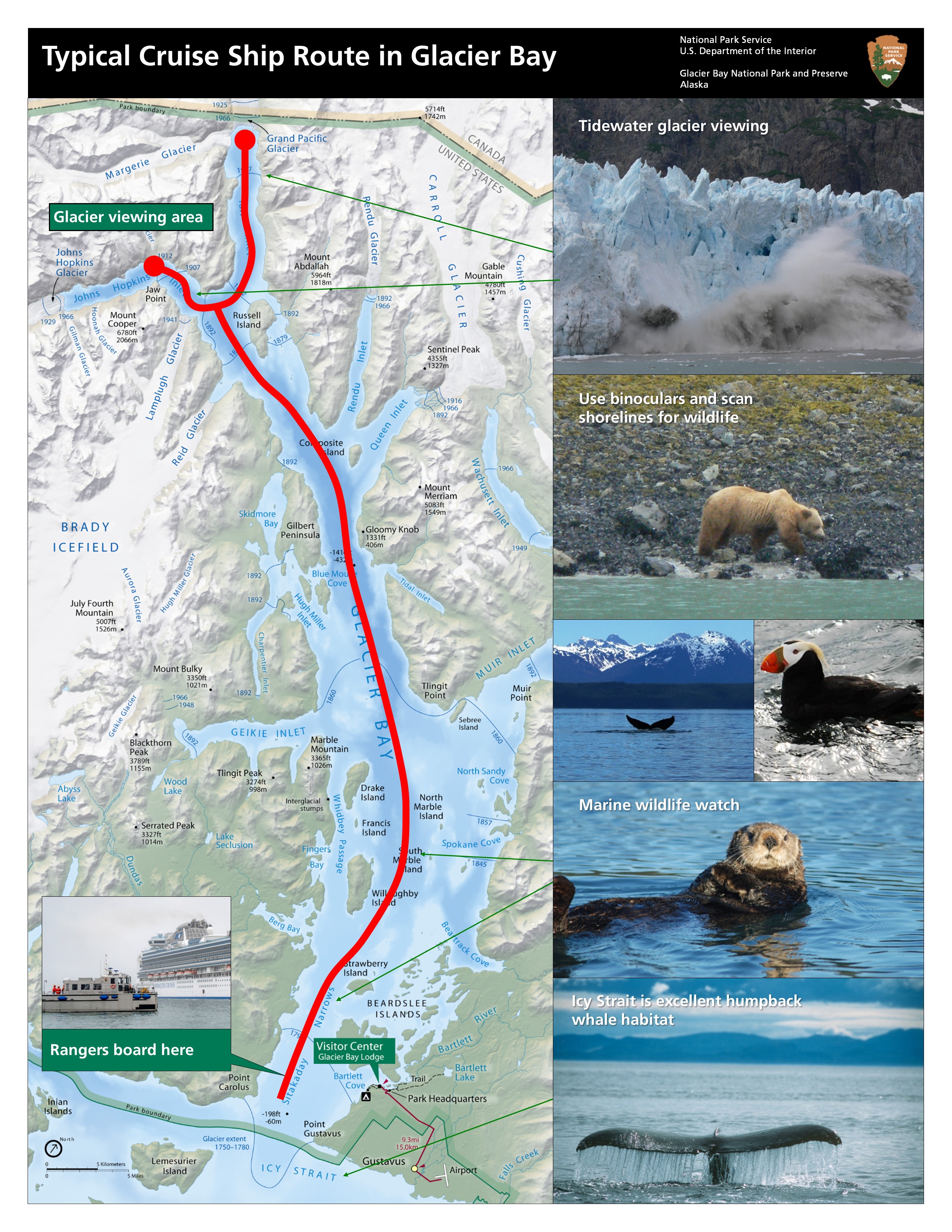 A red line starts near the park entrance in Sitakaday Narrows, leading north to the mouth of Johns Hopkins Inlet and the head of Tarr Inlet in Glacier Bay. Photos on the side show wildlife of the bay. A photo noting "rangers board here" is at the entrance