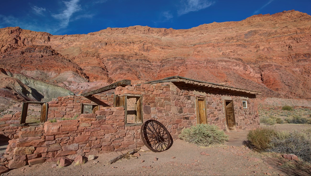 Long stone building in ruin near the Colorado River