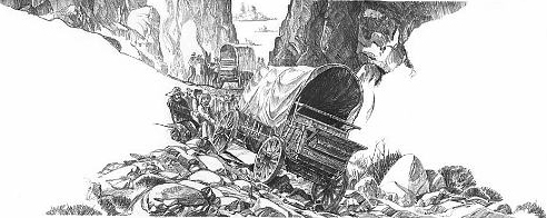Line drawing of pioneers manipulating wagon down rocky cliff