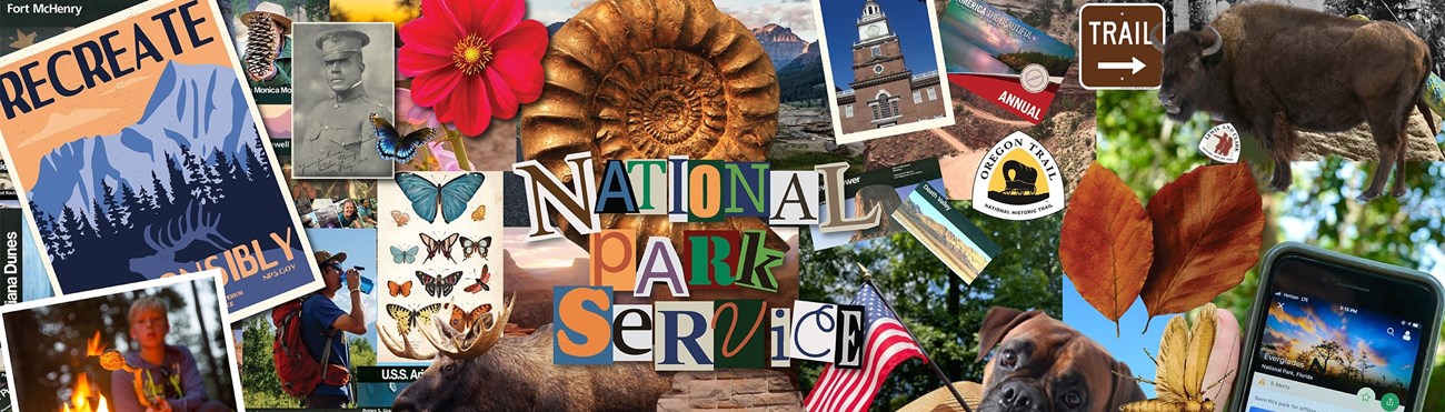 Collage of iconic national park images with the words National Park service over it.