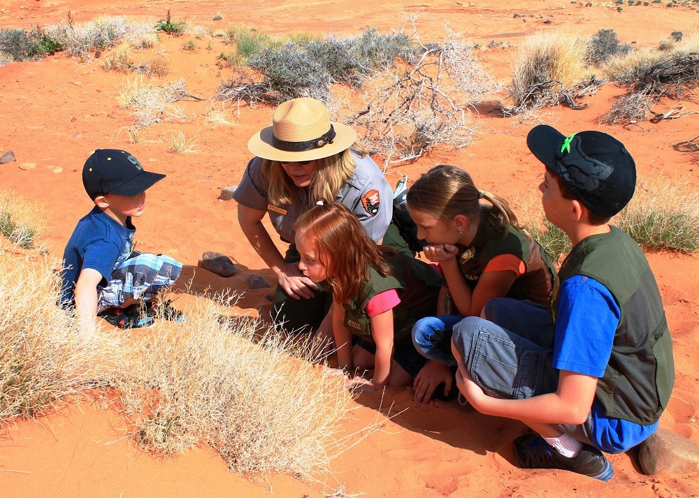 A ranger kneels in the sand with four kids all looking at vegetation