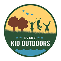 Every Kid Outdoors logo with illustration of children playing in grass by trees