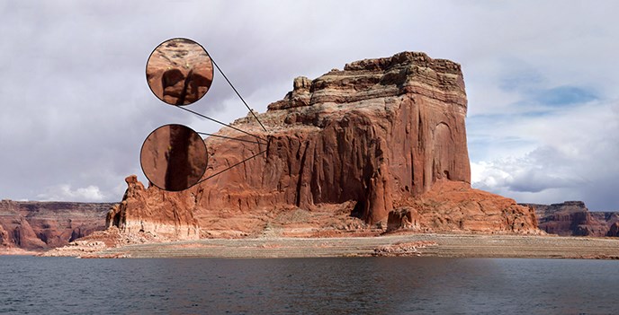 A large butte on Lake Powell. Callout frames indicate people on the sides of the wall. A large butte on Lake Powell. Callout frames indicate people on the sides of the wall.