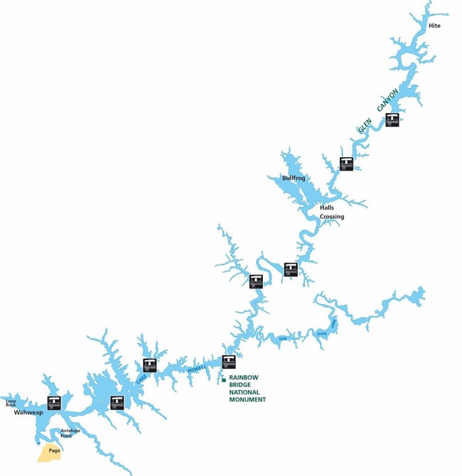 map of lake powell with black icons showing locations of floating restrooms