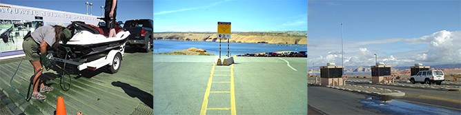 Picture 1: A park ranger uses a hose to clean underneath a personal watercraft.
Picture 2: Mussel regulation sign.
Picture 3: Entrance stations. An SUV is at the middle one. Picture 1: A park ranger uses a hose to clean underneath a personal watercraft.
Picture 2: Mussel regulation sign.
Picture 3: Entrance stations. An SUV is at the middle one.