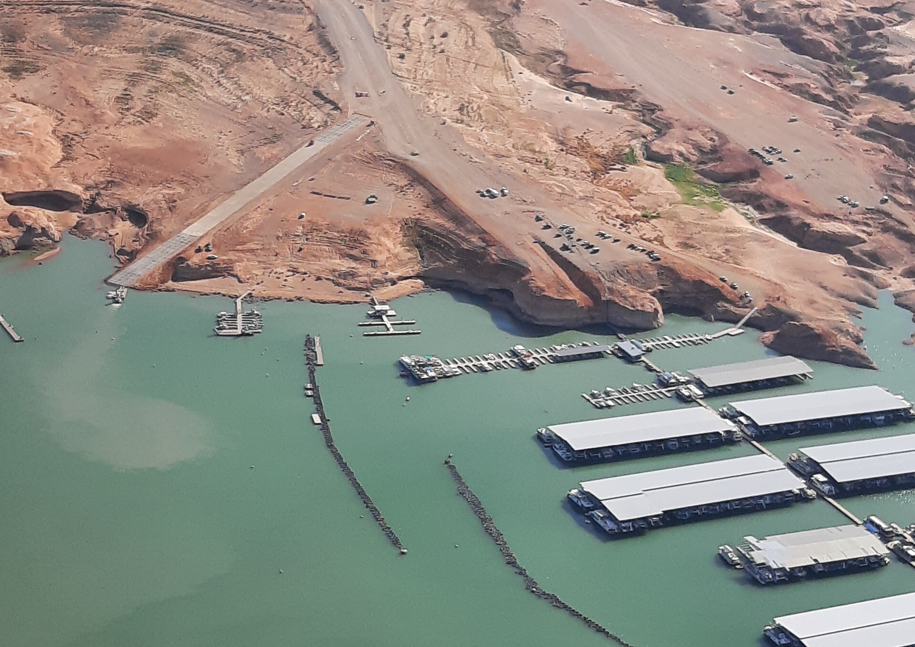 Aerial view of launch ramp and marina infrastructure