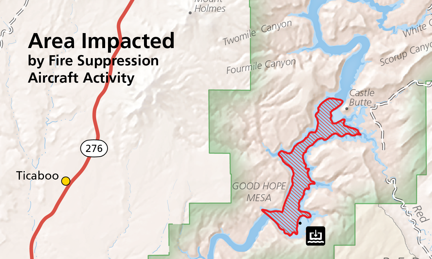 Map depicting a section of Lake Powell and Glen Canyon NRA. The town of Ticaboo and 276 are on the left of the map.  A red hatched area covers Lake Powell from Good Hope Bay to Castle Butte marking the Area Impacted by Fire Suppression Aircraft Activity.