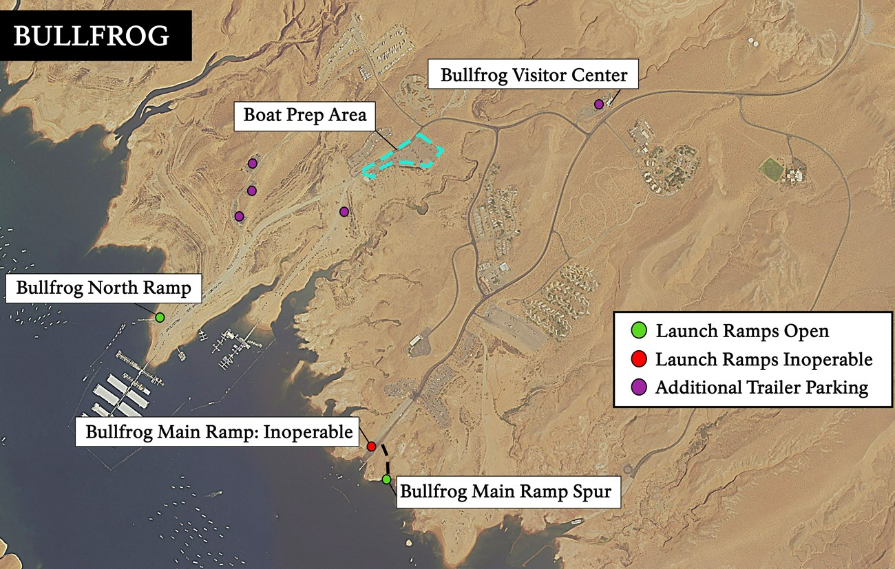 Bullfrog Area Map identifying trailer parking, open and closed ramps.