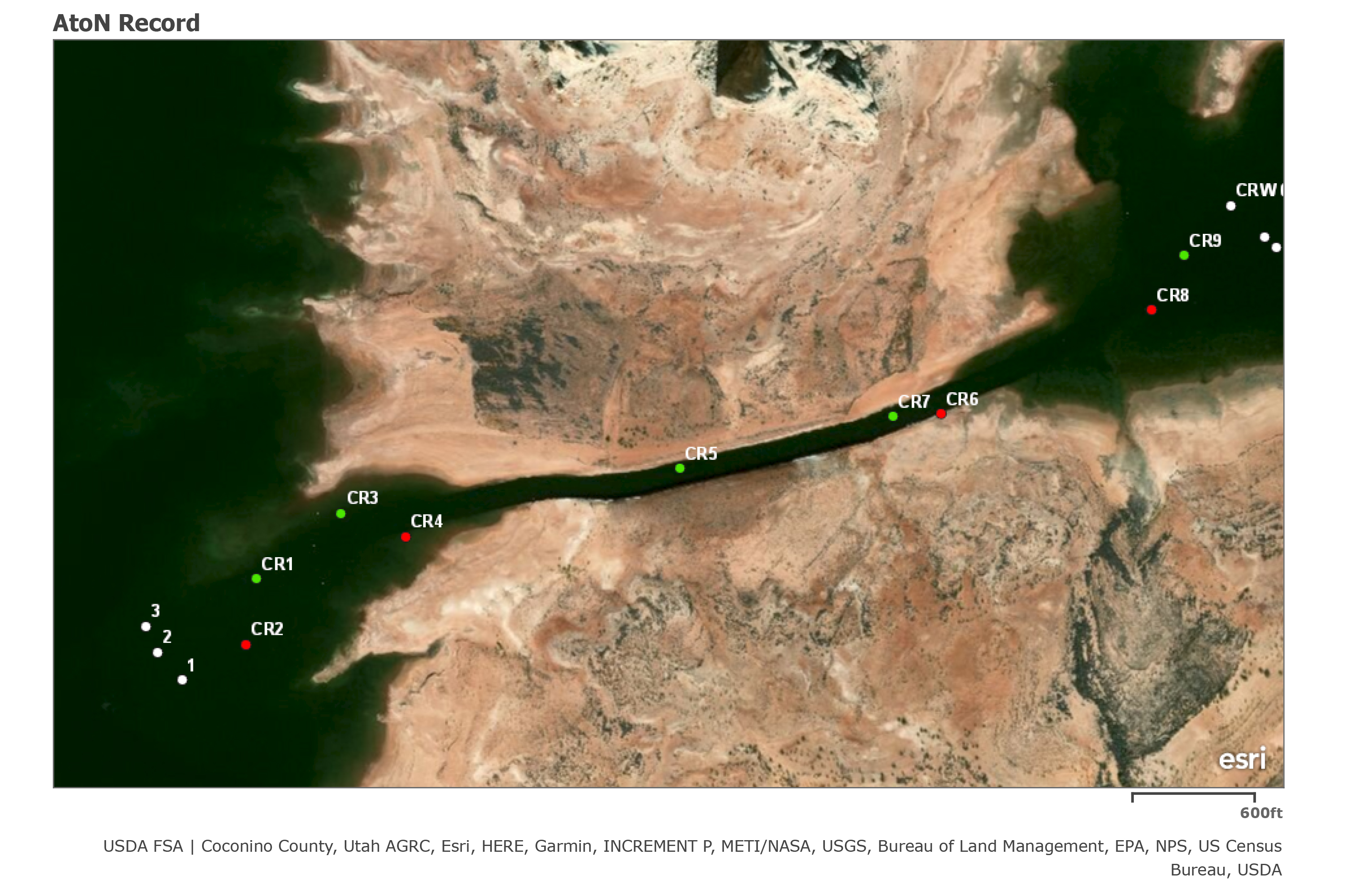 Aid to Navigation Record Castle Rock Cut Aerial view map of Cut with labeled red, green, and white dots signifying buoy placement
