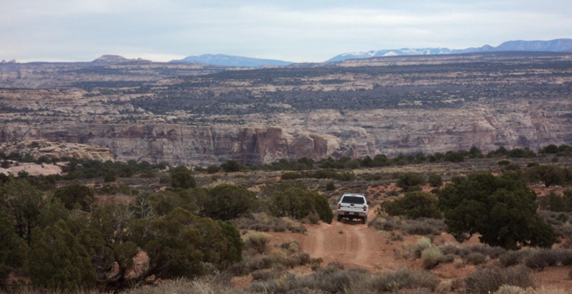 GLCA-ORV-use-in-scenic-Glen-Canyon-National-Recreation-Area. NPS Photo Scrub-brush landscape with dirt road and ranger vehicle