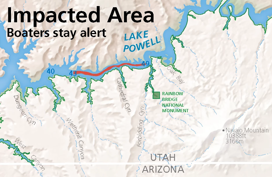 GLCA Park Map Fire ops July 2025 Map of Lake Powell indicating the area where boaters should be aware of fire aviation operations.