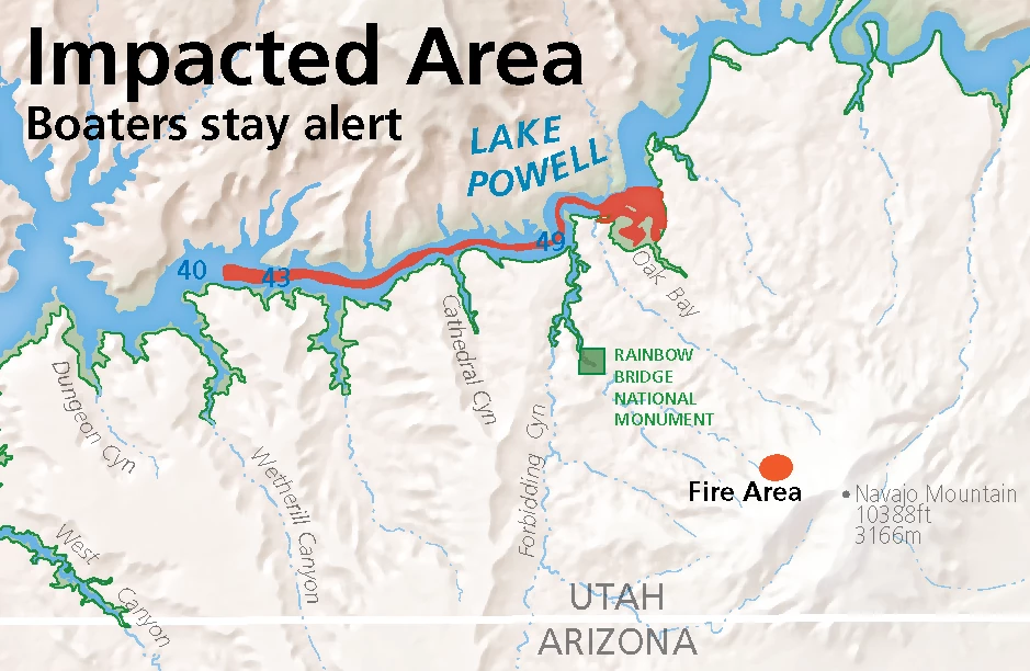 GLCA Park Map Fire ops June 2025 map of impacted area showing a 20 mile stretch of Lake Powell with the danger areas indicated in red. The fire is on the slope of Navajo Mountain.