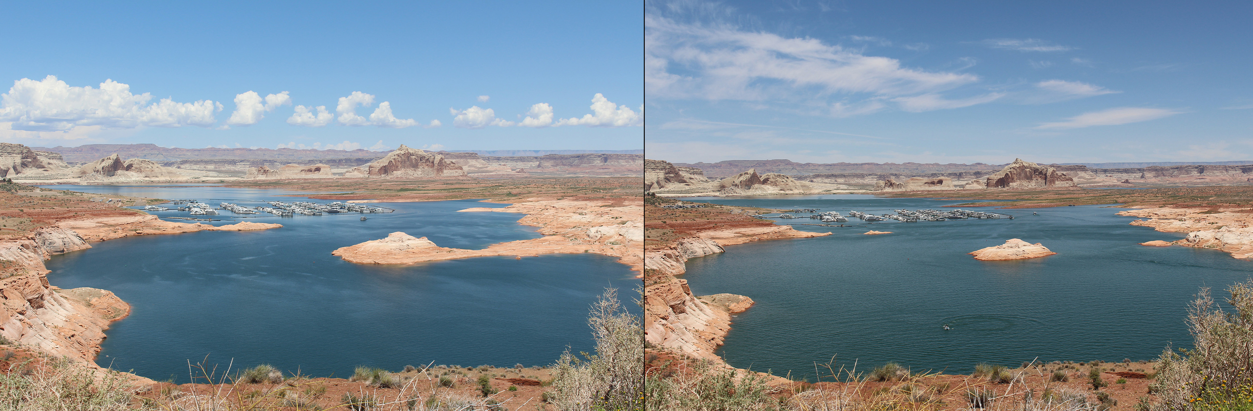 GLCA - View from Wahweap Overlook towards marina 20230515 and 20230530 Side by side view of a desert lake. On the left, the water level is lower, creating a rock penninsula in the channel. On the Right, the water is higher and the rock in an island.