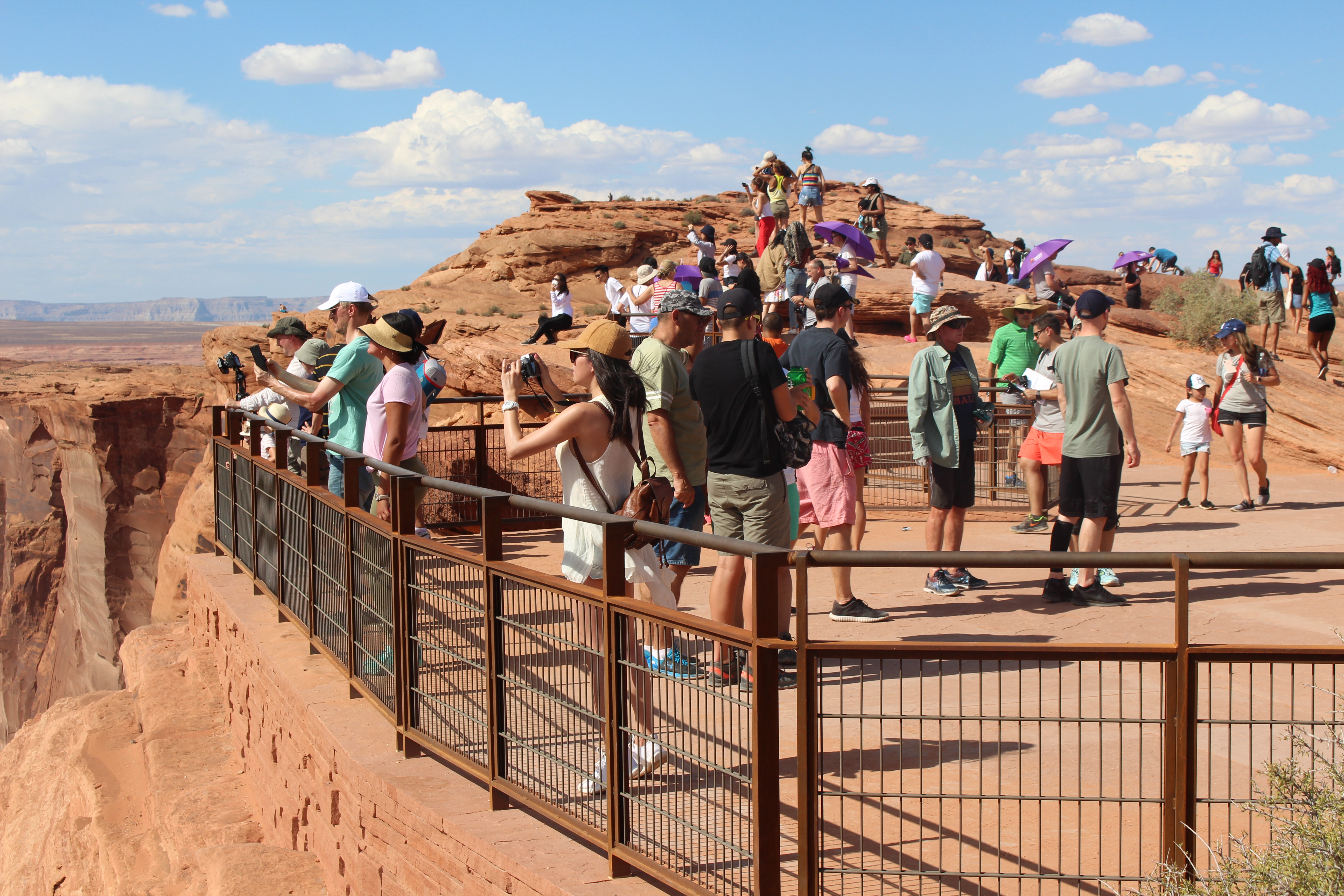 Many people stand on a gated platform looking out and taking photos