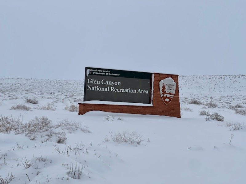 Bullfrog Welcome Sign Snow 20230215 Snow covered welcome sign for Glen Canyon National Recreation Area