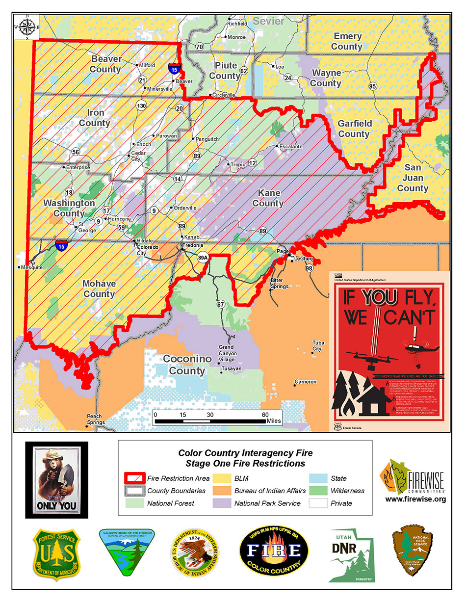Map of areas around and in Glen Canyon with fire restrictions