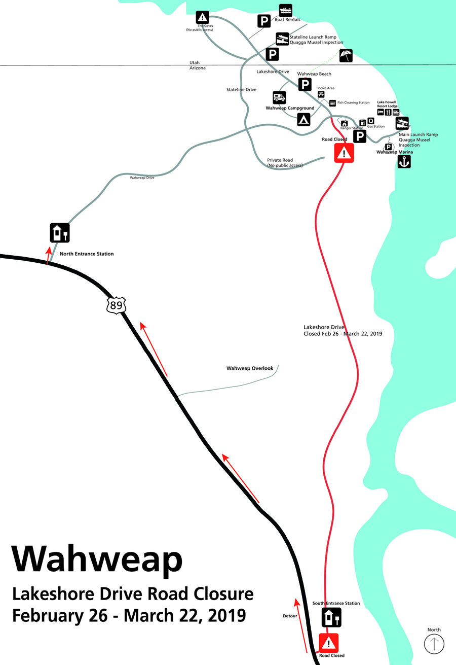 Road map of Wahweap with Lakeshore Drive closure