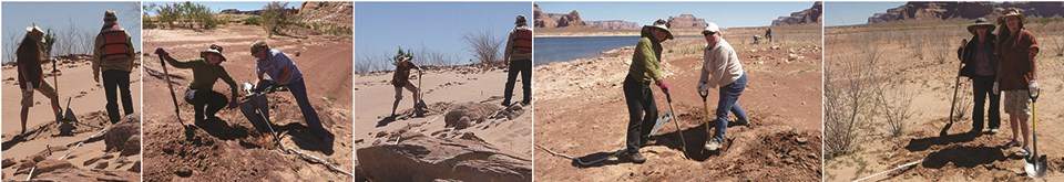 Montage of people burying boat anchors on beaches.