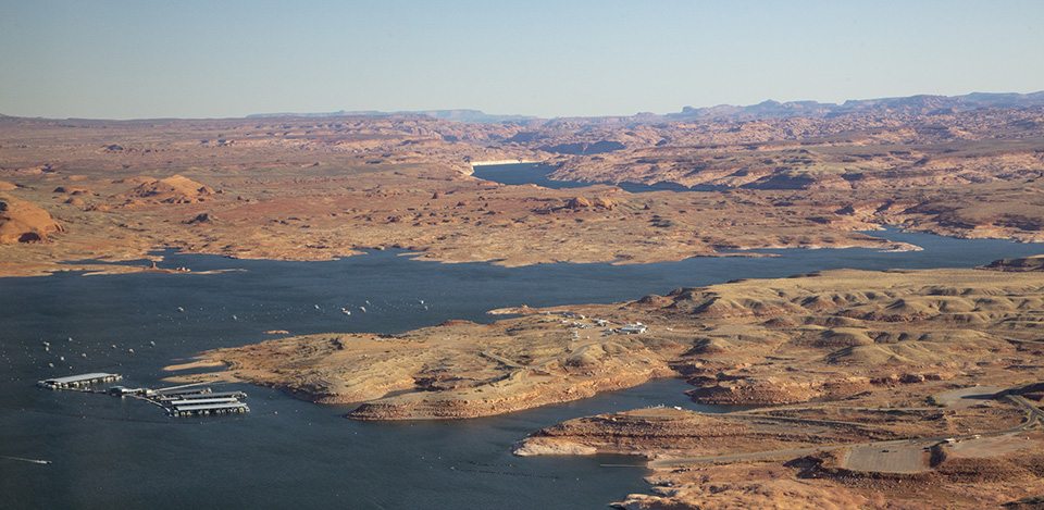 Aerial view of lake, marina, lanch ramp