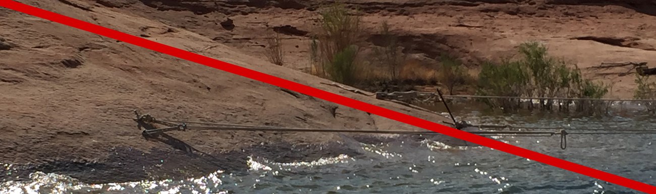 Red line through a picture of stakes and lies on a rock beach