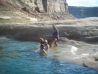 A group of swimmers at the edge of a rocky beach.