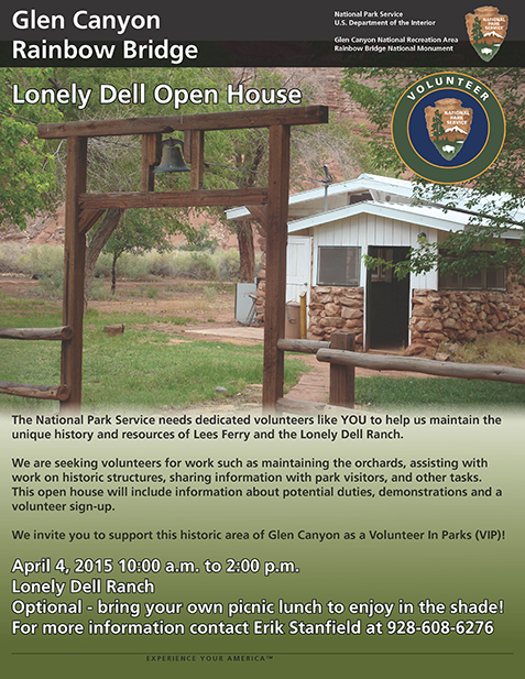 Flyer for Lonely Dell Open House April 4 2015. A white wooden and brown stone house sits on a green lawn. Volunteer-in-Parks logo in corner.