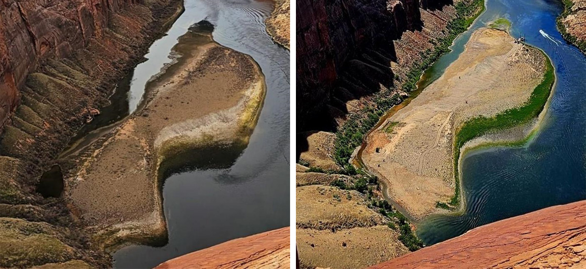 slough compare two aerial photos of a sandstone canyon, the river at the bottom curves. A gravel bar on the first photo is connscted to the saide of the canyon, on the second photo it is not