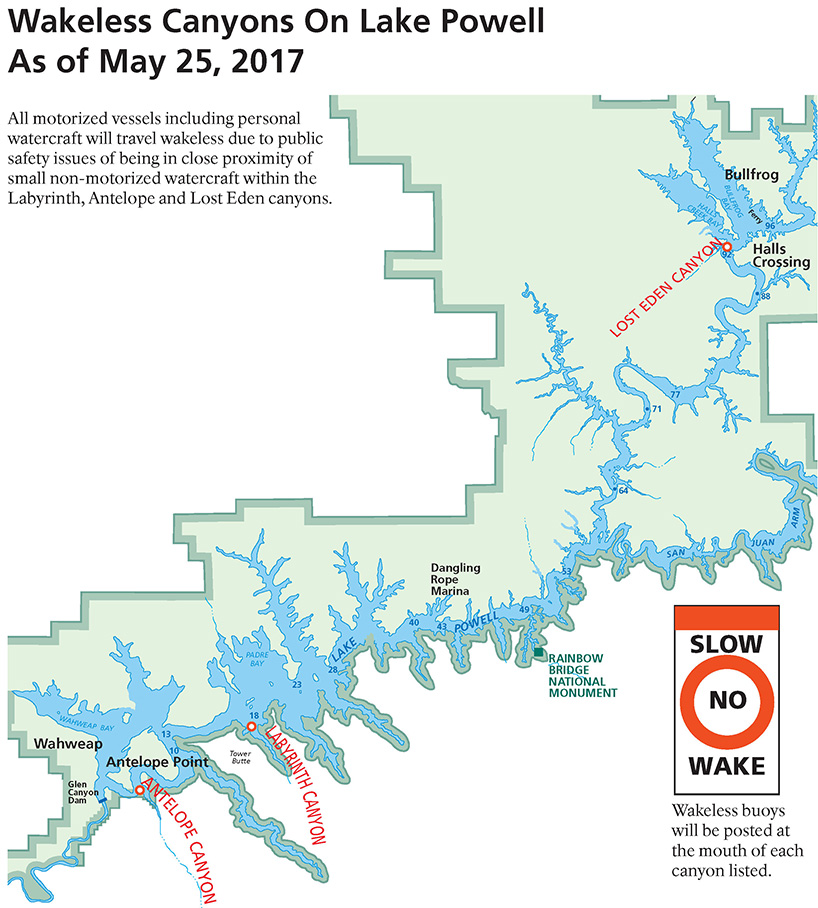 map of the portion of lake powell that has marked wakeless canyons