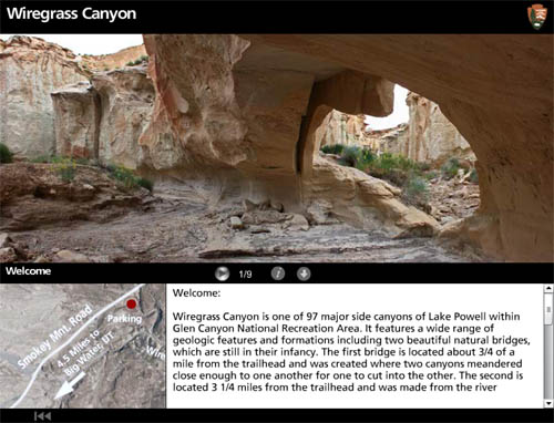 Screen shot of Wiregrass Canyon eHike, depicting one of the arches and descriptive text. Screen shot of Wiregrass Canyon eHike, depicting one of the arches and descriptive text.